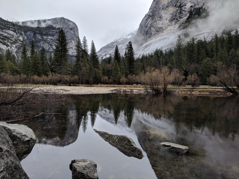 Yosemite lake w mountain reflection in grey