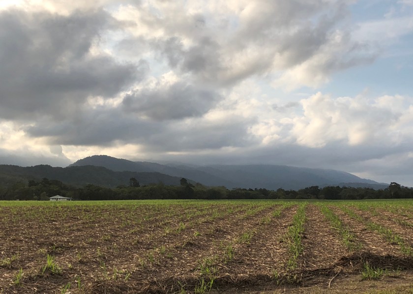 Fallow fields w mountains, clouds, Queensland, Australia