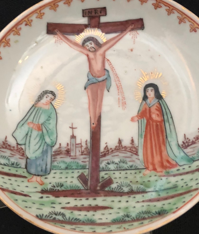 Jesus on the cross w blood, saucer 18th century