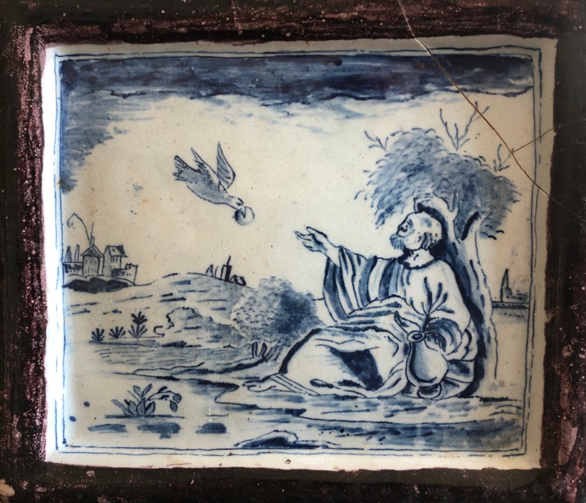 Elijah fed by ravens, 18th c Delft plaque